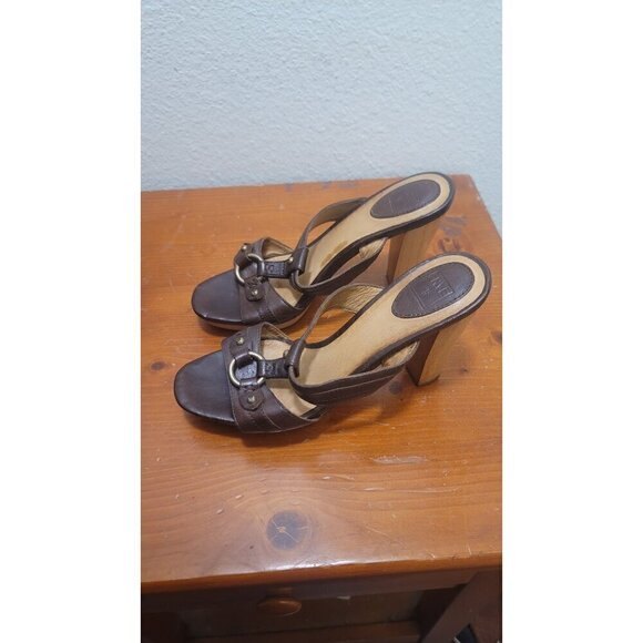 Frye gerry slide Brown Leather Heeled Sandals With Buckle Accents - Size 7.5 - Picture 4 of 11